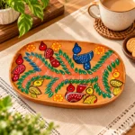 Small Wooden Decorative Tray Hand Painted with Colorful Bird and Tree Folk Art Design - Image 2