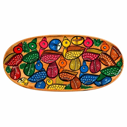 Small Wooden Decorative Tray Hand Painted with Colorful Bird Folk Art Design
