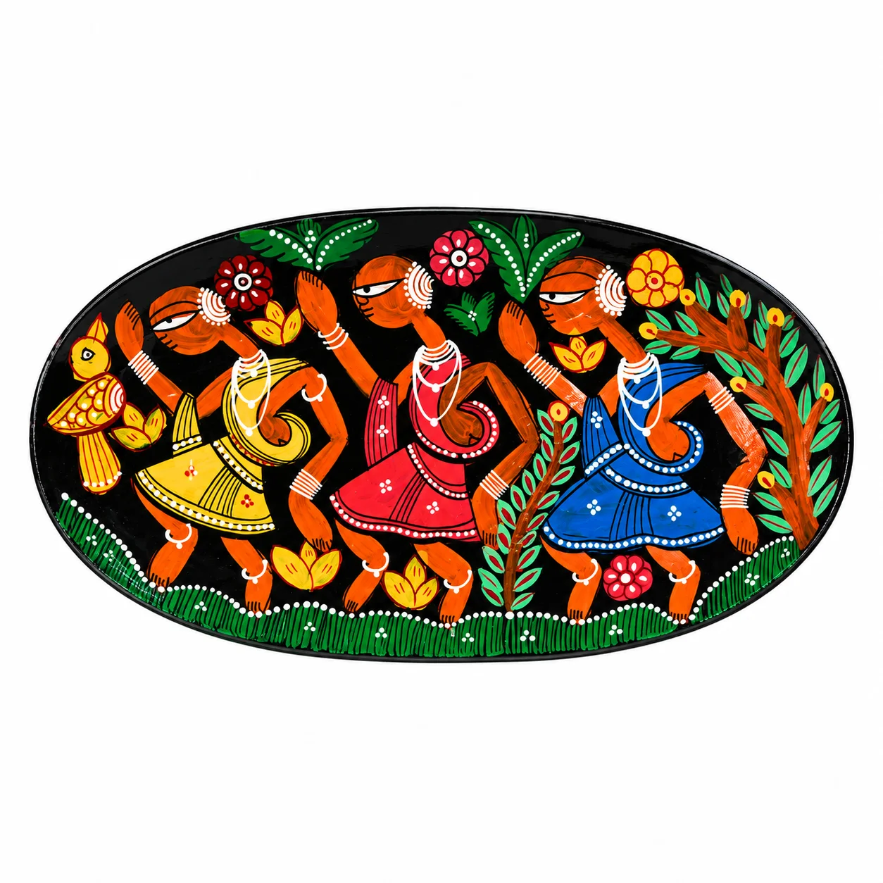 AS-PC-0004F_Wooden Oval Tray Dance.1 Small Wooden Decorative Tray Hand Painted with Traditional Indian Folk Art Dance Design - Image 1