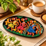 Small Wooden Decorative Tray Hand Painted with Traditional Indian Folk Art Dance Design - Image 2