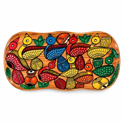 Small Wooden Decorative Tray Hand Painted with Colorful Bird Folk Art Design