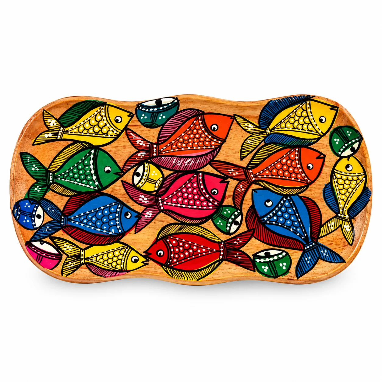 AS-PC-0004H_Wooden Wave Fish Tray1 Small Wooden Decorative Tray Hand Painted with Colorful Fish Folk Art Design - Image 1