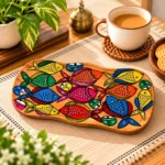Small Wooden Decorative Tray Hand Painted with Colorful Fish Folk Art Design - Image 2