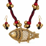 Antique Gold Fish Pendant Necklace Set with Red Black Thread, Decorative Bell Beads and Matching Earrings for Women