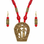 Dokra Art Radha Krishna Pendant Necklace Set with Red Beads and Matching Earrings for Women