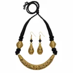 Antique Gold Tribal Necklace Set with Black Braided Thread and Matching Drop Earrings for Women