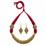 Antique Gold Tribal Necklace Set with Red Braided Thread and Matching Earrings for Women