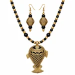 Antique Gold Fish Pendant Necklace Set with Black Beads and Matching Earrings for Women and Girls