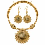 Choker Flower Net Necklace Set for Women, Antique Gold Finish Floral Filigree Choker with Round Pendant and Matching Drop Earrings, Traditional Ethnic Jewellery