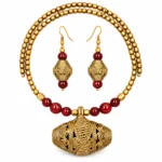 Choker Drum Necklace Set for Women, Antique Gold Finish Traditional Beaded Choker with Red Beads and Matching Drop Earrings, Ethnic Jewellery for Wedding and Festive Wear