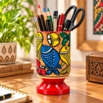 Patachitra Wooden Pen Holder Handcrafted Fish Motif Decorative Pen Pencil Stand Traditional Folk Art Desk Organizer for Home Office (Size-12X6 cm) - Image 2