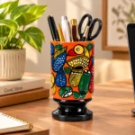 Pattachitra Wooden Pen Holder Hand Painted with Colorful Fish Folk Art Design (Size-12X6 cm) - Image 2