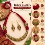 Antique Gold Tribal Necklace Set with Red Braided Thread and Matching Earrings for Women - Image 3