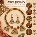 Choker Triangle Rudraksha Necklace Set for Women, Antique Gold Finish Triangular Filigree Choker with Rudraksha Beads and Matching Drop Earrings, Traditional Ethnic Jewellery - Image 2