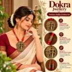 Dokra Art Radha Krishna Pendant Necklace Set with Red Beads and Matching Earrings for Women - Image 2