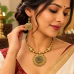 Choker Flower Net Necklace Set for Women, Antique Gold Finish Floral Filigree Choker with Round Pendant and Matching Drop Earrings, Traditional Ethnic Jewellery - Image 3