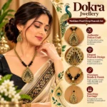 Dokra Art Teardrop Pendant Necklace Set with Antique Gold Finish, Black Beads and Matching Earrings for Women - Image 3