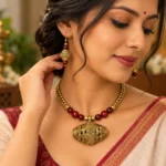 Choker Drum Necklace Set for Women, Antique Gold Finish Traditional Beaded Choker with Red Beads and Matching Drop Earrings, Ethnic Jewellery for Wedding and Festive Wear - Image 3