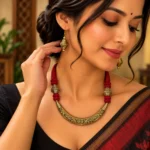 Antique Gold Tribal Necklace Set with Red Braided Thread and Matching Earrings for Women - Image 2