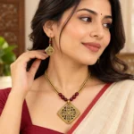 Dokra Art Antique Gold Necklace Set with Maroon Beads and Matching Diamond-Shaped Pendant Earrings for Women - Image 2