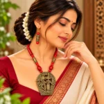 Dokra Art Radha Krishna Pendant Necklace Set with Red Beads and Matching Earrings for Women - Image 3