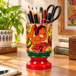 Patachitra Wooden Pen Holder Handcrafted Folk Art Dancer Design Decorative Pen Pencil Stand Desk Organizer for Home Office (Size-12X6 cm) - Image 3