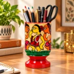 Patachitra Wooden Pen Holder Handcrafted Traditional Folk Art Decorative Pen Pencil Stand Desk Organizer for Home Office Study Table (Size-12X6 cm) - Image 3
