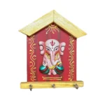 Teracota Wall Key Hanger Ganesha Design with 3 Metal Hooks | Red Ganpati Wall Mounted Key Holder for Home Entrance, Pooja Room, Mandir and Office Décor 17X15 cm