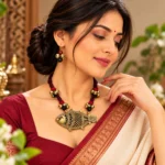 Antique Gold Fish Pendant Necklace Set with Red Black Thread, Decorative Bell Beads and Matching Earrings for Women - Image 3