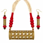 Handcrafted Antique Gold Necklace Set with Red Thread, Brass Pendant and Matching Earrings for Women