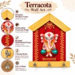 Teracota Wall Key Hanger Ganesha Design with 3 Metal Hooks | Red Ganpati Wall Mounted Key Holder for Home Entrance, Pooja Room, Mandir and Office Décor 17X15 cm - Image 2