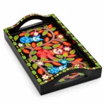 Hand-Painted Wooden Serving Tray with Colorful Bird & Floral Folk Art Design