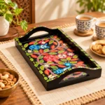 Hand-Painted Wooden Serving Tray with Colorful Bird & Floral Folk Art Design - Image 2
