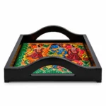Hand-Painted Wooden Serving Tray with Indian Folk Art Dance Design and Handles