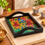 Hand-Painted Wooden Serving Tray with Indian Folk Art Dance Design and Handles - Image 3