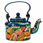 Hand-Painted Blue Metal Kettle with Colorful Bird & Leaf Folk Art Design