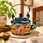 Hand-Painted Blue Metal Kettle with Colorful Bird & Leaf Folk Art Design - Image 2
