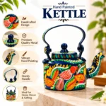 Hand-Painted Blue Metal Kettle with Colorful Bird & Leaf Folk Art Design - Image 3