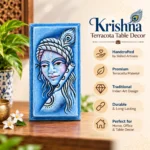 Teracota Krishna Table Stand Decorative Relief Plaque | Blue Lord Krishna Wall Art with Peacock Feather Design for Pooja Room, Mandir, Home and Office Décor 10X4 cm - Image 3