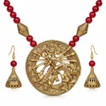 Dokra Art Goddess Pendant Necklace Set with Red Beads and Antique Gold Jhumka Earrings for Women