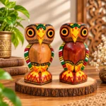 Handcrafted Wooden Owl Figurine Set of 2 | Colorful Tribal Folk Art Bird Statue for Home Décor, Tabletop, Shelf & Gifting - Image 2