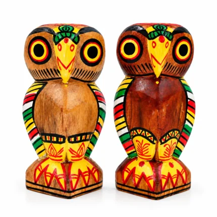 Handcrafted 5 inch Wooden Owl Figurine Set of 2 | Colorful Tribal Folk Art Owl Statue for Home Décor, Tabletop, Shelf & Gifting