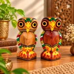 Handcrafted 5 inch Wooden Owl Figurine Set of 2 | Colorful Tribal Folk Art Owl Statue for Home Décor, Tabletop, Shelf & Gifting - Image 2