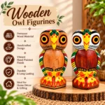 Handcrafted 6 inch Wooden Owl Figurine Set of 2 | Colorful Tribal Folk Art Owl Statue for Home Décor, Tabletop, Shelf & Gifting - Image 2