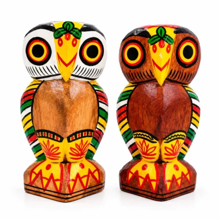 Handcrafted 7 inch Wooden Owl Figurine Set of 2 | Colorful Tribal Folk Art Owl Statue for Home Décor, Tabletop, Shelf & Gifting