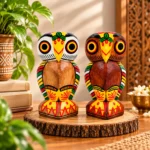 Handcrafted 7 inch Wooden Owl Figurine Set of 2 | Colorful Tribal Folk Art Owl Statue for Home Décor, Tabletop, Shelf & Gifting - Image 3
