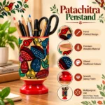 Patachitra Wooden Pen Holder Handcrafted Fish Motif Decorative Desk Organizer Pen Pencil Stand for Home Office Study Table (Size-12X6 cm) - Image 3