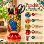 Patachitra Wooden Pen Holder Handcrafted Fish Motif Decorative Pen Pencil Stand Traditional Folk Art Desk Organizer for Home Office (Size-12X6 cm) - Image 3