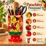 Patachitra Wooden Pen Holder Handcrafted Traditional Folk Art Decorative Pen Pencil Stand Desk Organizer for Home Office Study Table (Size-12X6 cm) - Image 2