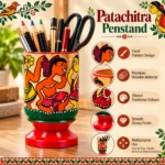 Patachitra Wooden Pen Holder Handcrafted Folk Art Dancer Design Decorative Pen Pencil Stand Desk Organizer for Home Office (Size-12X6 cm) - Image 2